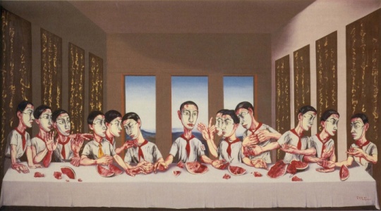 曾梵志《最后的晚餐》，2001年作,油彩畫布,220x400公分, 在蘇富比進入亞洲40周年晚間拍賣中，這件來自尤倫斯收藏的作品以1.8億港元成為首件過億的亞洲當(dāng)代藝術(shù)品，據(jù)坊間傳說，十年前這件作品僅以3萬美元買個比利時收藏家尤倫斯