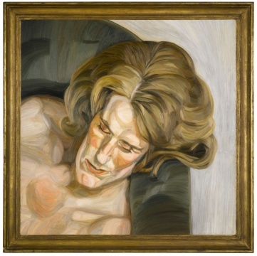 西安?弗洛伊德，《綠沙發(fā)上的頭》，布面油畫，91×91.5cm，1960-61，圖片來源：Sotheby's
