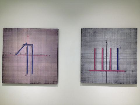 唐明偉 《構(gòu)造01b NO.4》、《四條豎線(xiàn) NO.2》 120×120cm、120×120cm 布面油畫(huà) 2013
