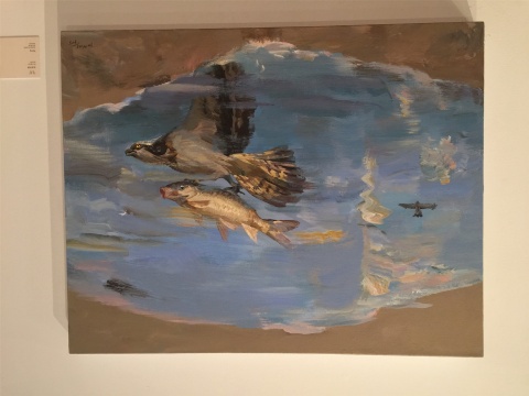  2015年作品《飛行》，飛鳥與魚倒置的方式出現(xiàn)在畫面中，以此隱喻為依托，象征多元物種尤其人類的生存處境
