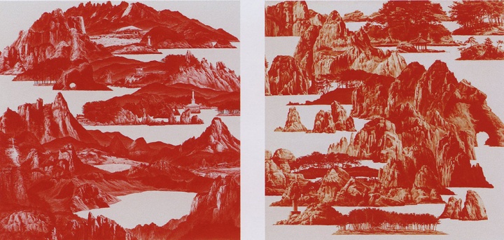 韓國藝術(shù)家李世賢的《紅色之間-山水》奠定了紅山餐廳的主色調(diào)和展示作品的類別