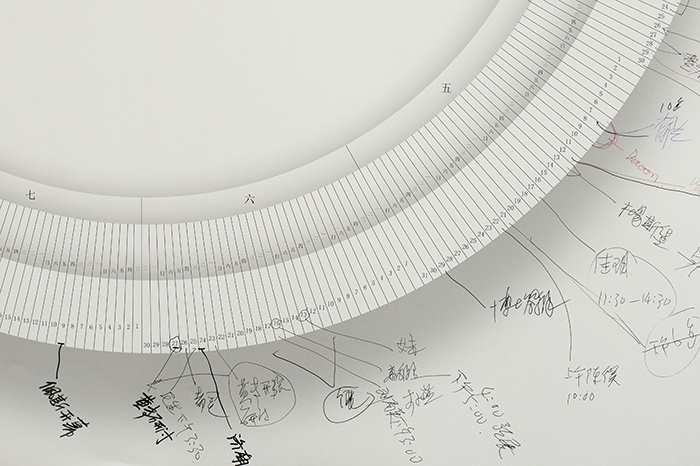 環(huán)形的2015年年表上，記錄著藝術(shù)家日常的工作，最左側(cè)標識的是隋建國在佩斯北京新展開幕的日子。
