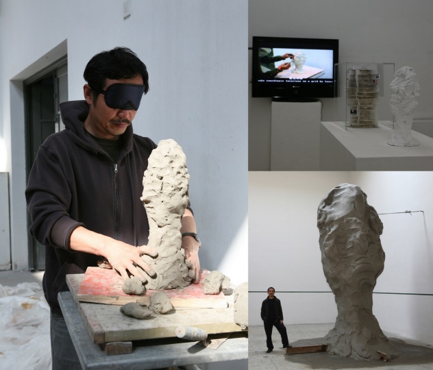 在“盲人肖像”是一系列的動作，除了用手捏泥土之外，也有讓泥自然從空中掉落，依靠自重造型。而在新作中，隋建國延續(xù)對雕塑本身的討論，怎樣把人的力量及干預(yù)減少，讓材料自身形成作品?！稌r間的形狀》形成其中時間性與褶皺的表層，而“盲人肖像”則將對“我”的剝離提示，不同的線索，形成新的交叉結(jié)點。