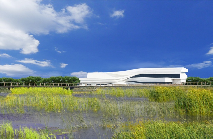 美術館外景圖 美術館的建筑由80后設計團隊waa（We Architech Anonymous）建筑事務所設計，建筑宛如一塊白色沉積巖，見證者黃河畔的時間流逝
