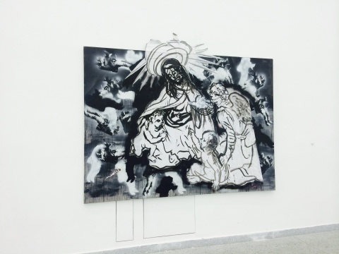 周軼倫《go_dfinder》180×220cm 布面噴漆、紙本墨水 2007-2014

