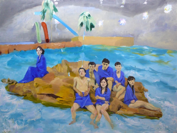 《人造海浪》 195x260cm 布面油畫 2007
人物畫好，徒留背景創(chuàng)作時(shí)，他說(shuō)：“未知結(jié)果，過程迷人”。
