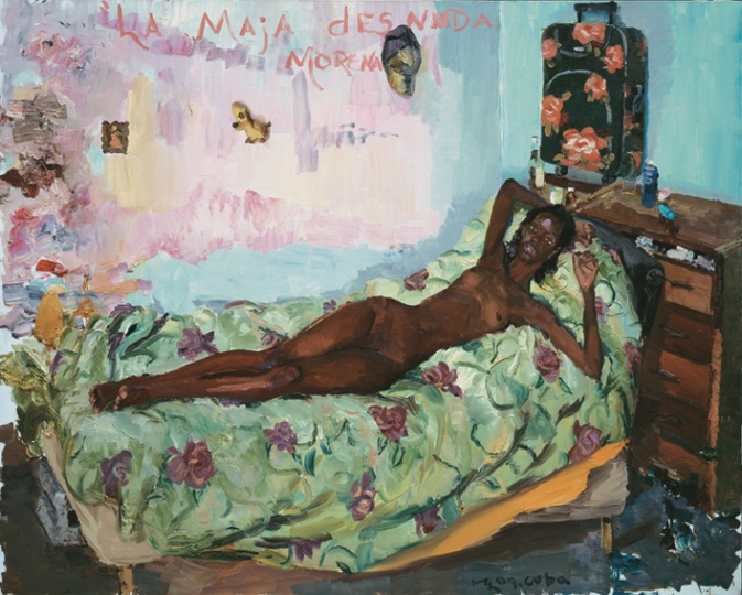 《裸體的黑瑪哈》 200x250cm 布面油畫 2009
此作中黑人模特的擺出了當(dāng)年白人皇后的姿勢(shì)，西班牙曾殖民古巴500年，在他的畫面中500年后古巴人爬上了西班牙皇后的床。
