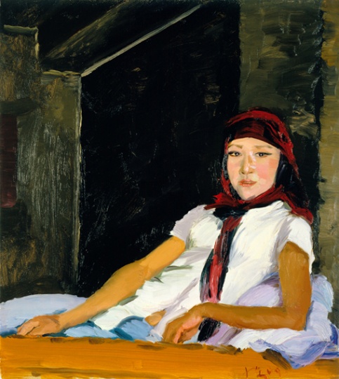 《大妮》100x90cm 布面油畫 2009
去年他來(lái)的時(shí)候大妮還是個(gè)姑娘，今年已為人婦，帶著穆斯林婦女婚后必須才有的頭紗。
