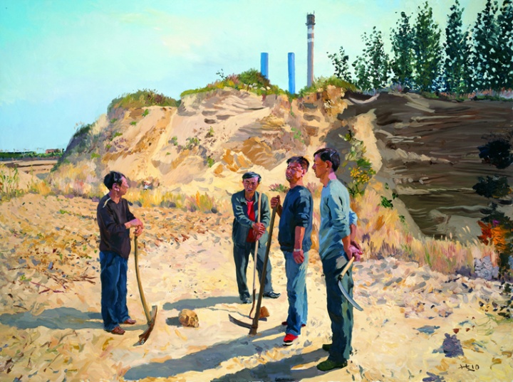 《我的埃及》300x400cm 布面油畫 2010
四個(gè)兄弟圍著在墳場(chǎng)挖出來(lái)的頭骨
小時(shí)候這里大得就像埃及金字塔，我還想在里頭刨出骨頭什么的。這就是我心中的沙漠。（10月4日日記）
