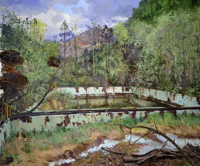 《長(zhǎng)樹的游泳池》 250x300cm 布面油畫 2012
