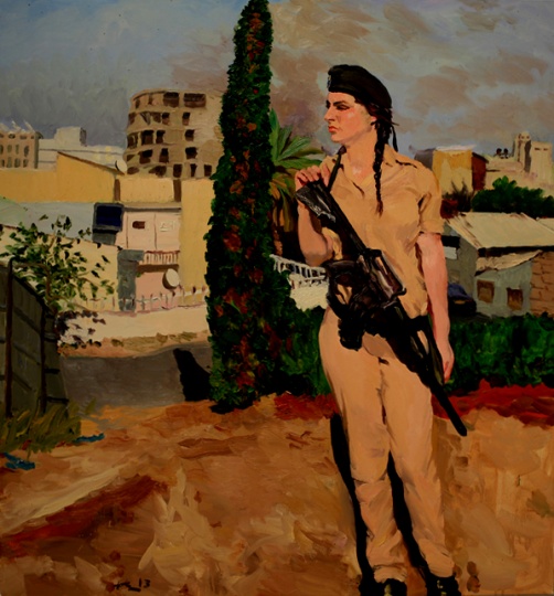 《在以色列和巴基斯坦之間no.19》150x140cm 布面油畫 2013
女兵是劉小東在他住處的門口畫完的
