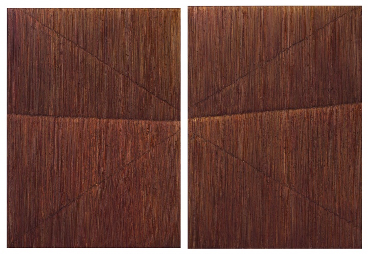 《三條線－黃紫》250×180cm×2 布面油畫 兩聯(lián)作 2014