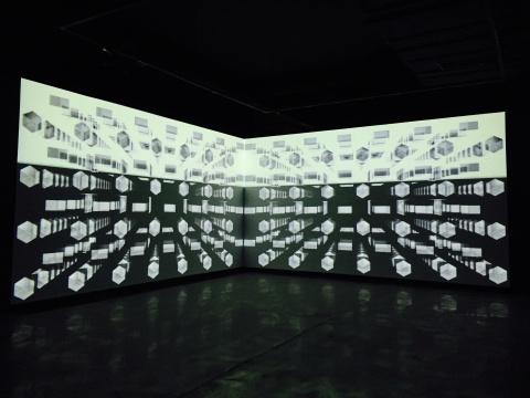 苗晶2014年聲音影像視聽裝置作品《無限》，占據(jù)兩面展墻空間
