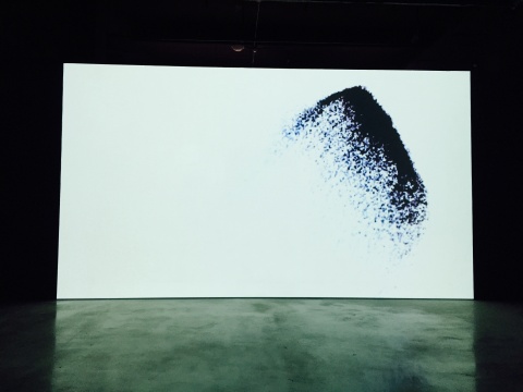成都當(dāng)?shù)厮囆g(shù)家李琨2012年聲音影像視聽裝置作品《“真實”的維度I》，影像中的圖像如飛沙舞動
