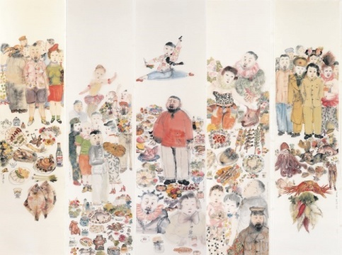 李津 《盛宴（五張一組）》  215×52.5cm×5  設(shè)色紙本  2007  成交價(jià)：284萬港幣  由亞洲收藏家競(jìng)得
