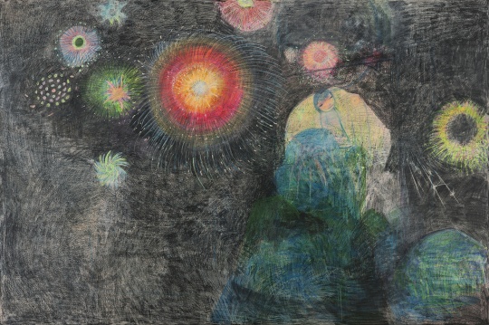 這幅畫名為《煙火》，雖然尺幅很大（200×300cm），但是忻洛汀表示這幅用油畫棒完成的作品用時并不多，是在一種放松的狀態(tài)下進行的
