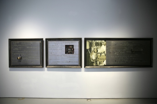 《迦南》 布面油畫裝置 左：110×91×8cm 中：110×91×8cm 右：210×91×8cm 2016

作品左下方是閆珩故意在此處設(shè)置的一灘蜂蜜
