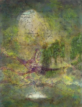 《假想體認(rèn)各法則 P10》36.5x28.1cm 紙本彩墨  2012藝術(shù)家在某次醒來后用文字記下了夢(mèng)境，為了更真實(shí)的表達(dá)夢(mèng)境的感受，本能的用藝術(shù)家的繪畫技法和經(jīng)驗(yàn)為這件作品加上了色彩和主體，更為立體的呈現(xiàn)了夢(mèng)境帶給藝術(shù)家的感受。