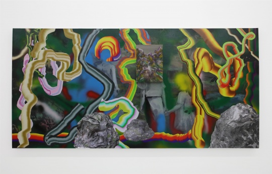 丁力 《無題》 100×200cm 布上油畫、噴漆、照片 2016
