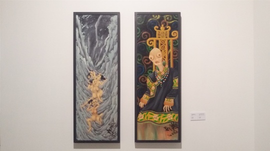 左：《日月同輝之魄之墮》 150×50cm 布面油彩 2012

右：《長(zhǎng)在心里的刺和拔不掉的恨》 150×50cm 布面油彩 2012
