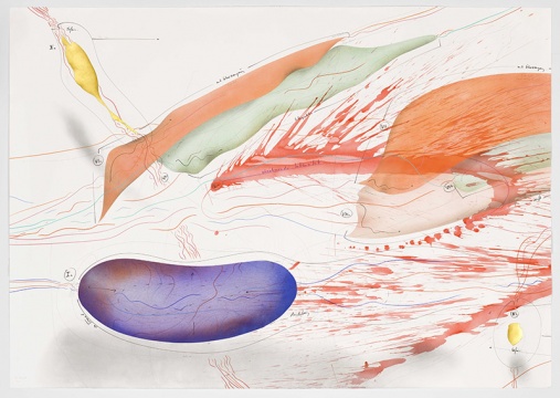 朱莉德·福格特（Jorinde Voigt）《地球之歌，第四章節(jié)：告別》 141 x 200cm x 3 紙面墨水、金葉、印度墨水、油蠟筆、丙烯墨水、彩色粉筆、鉛筆  2016
