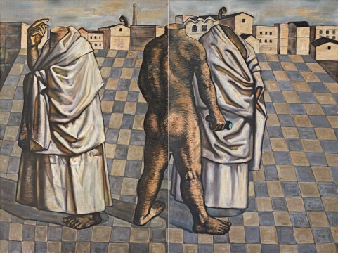 張小濤《沒有頭顱的行走(雙聯(lián)畫)》180×120cm×2 布面油彩1995年
張小濤《沒有頭顱的行走(雙聯(lián)畫)》180×120cm×2 布面油彩1995年