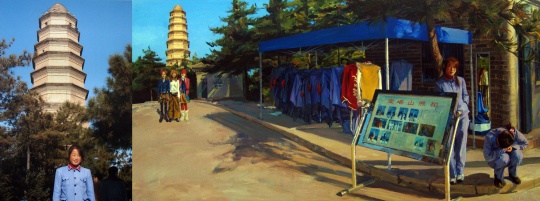 喻紅《她——寶塔山姑娘》300 cm x 150 cm, 100 cm x 150 cm 布面丙烯，照片 2007

圖片由藝術(shù)家及長征空間提供
