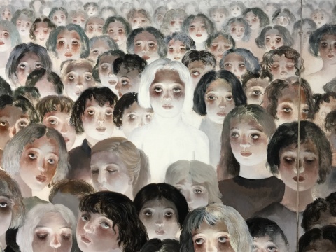 王小雙 《面孔-5》 150×360cm 布面丙烯 2014-2015（局部）
