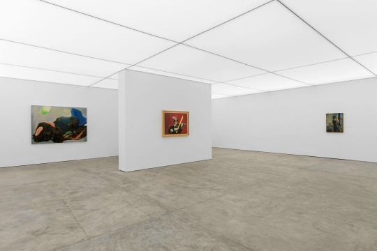 左：陳可 《帶縱樹的山丘》 150x200cm 布面綜合材料 2015   中：孫彥初 《歡樂頌》 79.5x110cm 照片打印、水彩、丙烯、金箔 2017
