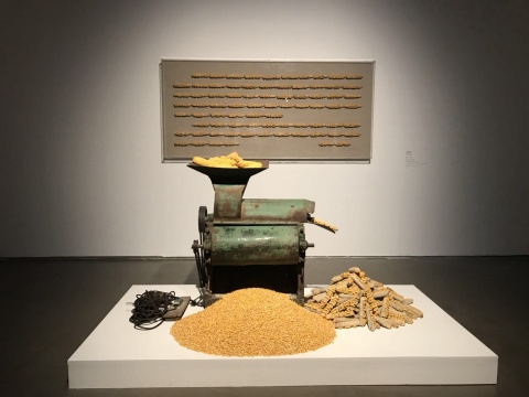 司建偉，《淘·離》，玉米脫粒機(jī)、玉米、亞克力，尺寸可變，2014
