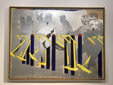 臧坤坤，《調(diào)和XV》，木，亞麻布，丙烯，鉛筆，水，鋁，U型釘，150 x 200 x 5.5 cm，2018
