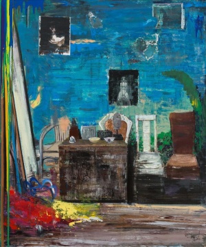 尹朝宇《室內(nèi)景》 181x150cm布面油畫、丙烯、拼貼 2016-2018  


