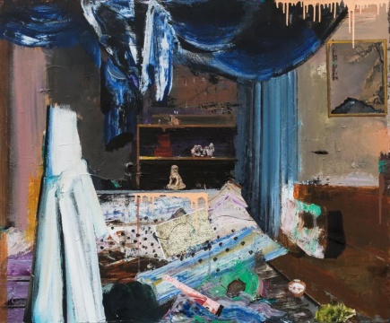 尹朝宇《序幕》 130x160cm布面油畫、丙烯、拼貼 2018  
