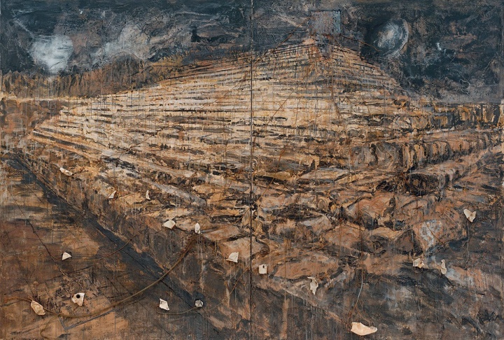《奧利西斯和伊西斯》379.7×561.3×24.1 cm 布面油彩、丙烯、感光乳劑、黏土、陶瓷、鉛、鋼絲、PCB電路板 1985-1987
