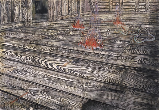 《四位一體》  297.5×435cm 麻布木炭油畫 1973
