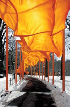 《門》 美國紐約中央公園 1979-2005 攝影：Wolfgang Volz ?2005 Christo  

7500扇由聚乙烯制成的門穿越中央公園，綿延37公里，像一條金色的河流。
