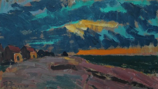 馬可魯《海邊的夕陽》44.5x26cm 木板油畫 1984
