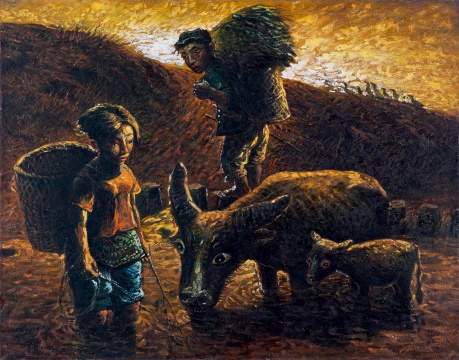 羅中立 《夕陽》1992 布面油畫 91.1 × 116cm 簽名：luo zhongli 羅；《夕陽》（背面） 華藝國際（北京）2020秋季拍賣會拍品

