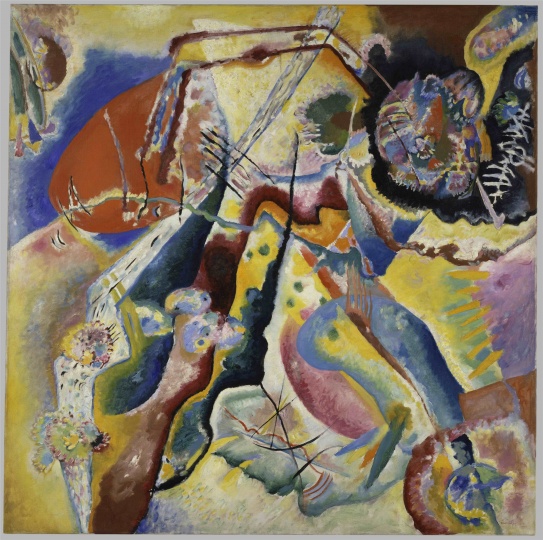 康定斯基《有紅跡的畫》130×130cm 布面油畫 1914，1976年由妮娜·康定斯基女士捐贈，蓬皮杜中心，巴黎，法國國家現(xiàn)代藝術(shù)博物館-工業(yè)設(shè)計中心
