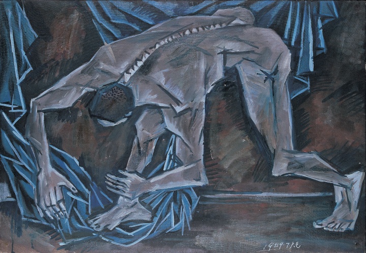 《彎腰的人體和藍(lán)色的布》 53×76cm 布面油畫 1989
