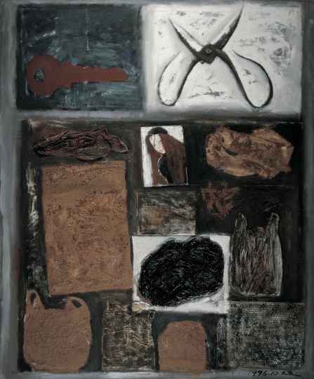 《剪刀和包裝袋》 180×150cm 布面油畫、拼貼 1996
