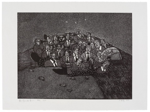 王華祥《戴口罩的病毒之二》黑白木刻 畫紙76×56cm 畫芯60×45cm 2020 
