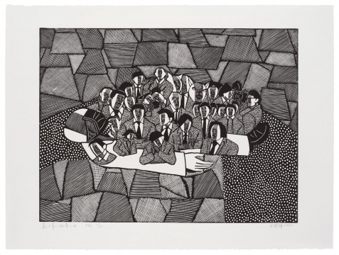 王華祥《戴口罩的病毒之四》黑白木刻 畫紙76×56cm 畫芯60×45cm 2020
