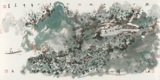 任建國  輕舟谷西風(fēng)悠起 68×137cm 紙本設(shè)色 2021
