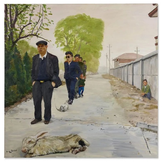 小東《垂死的兔子與無(wú)所事事的人2號(hào)》 200×200cm 油彩 畫布 2001，成交價(jià)：40.32萬(wàn)歐元，此作于9月21日佳士得巴黎 “獨(dú)具慧眼：讓-雅克?德?弗勒斯伯爵夫婦珍藏” 拍賣中呈獻(xiàn)
