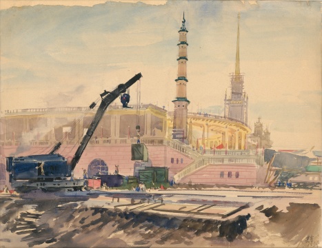 宗其香，《北京展覽館建設(shè)中》，紙本水彩，35cm×45.5cm，1954年

