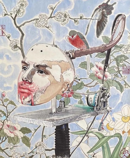 《第二自然人-紅嘴守護者圖》60×50cm 絹面、礦物顏料等 2022-2023
