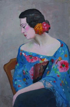 《戴花執(zhí)扇的女人》 潘玉良 布面油畫 90cm×59cm 年代不詳 安徽博物院藏
