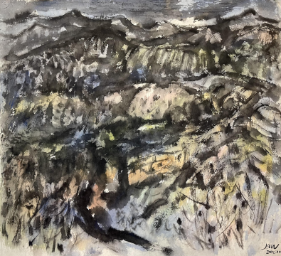 翁劍青《山野》45×50cm 墨、色彩、皮紙 2023
