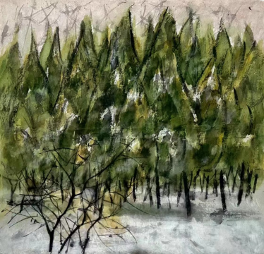 翁劍青《雪后》45×50cm 墨、色彩、皮紙 2024
